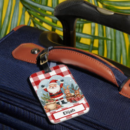 Etiqueta De Bagagem Santa Claus Holiday Gingham Red Christmas ID