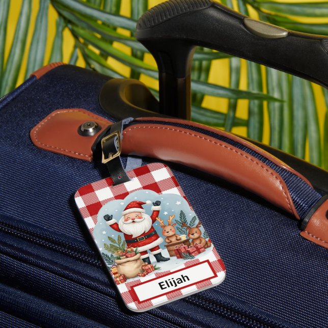 Etiqueta De Bagagem Santa Claus Holiday Gingham Red Christmas ID  (Frente Insitu 1)