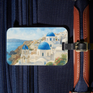 Etiqueta De Bagagem Santorini Grécia Aquarela Arte Igreja Cúpula Azul