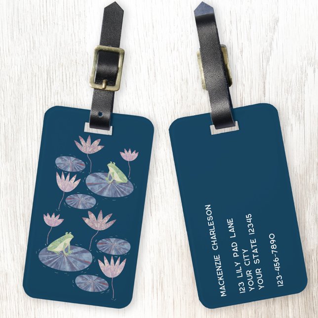 Etiqueta De Bagagem Sapo em um Lily Pond Personalizado (Frog on a lily pad watercolor custom text details personalized luggage tag)
