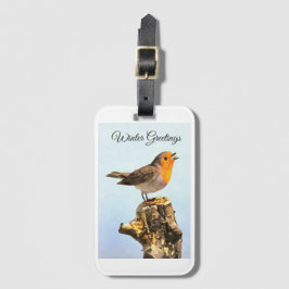 Etiqueta De Bagagem Saudações de Inverno. Robin cantando 