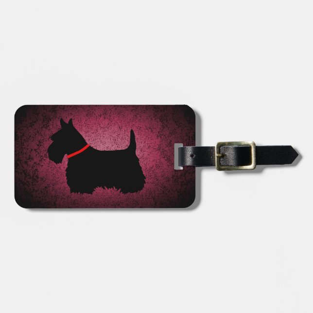 Etiqueta De Bagagem Scottish Terrier, silhueta negra, rosa granito (Frente Horizontal)