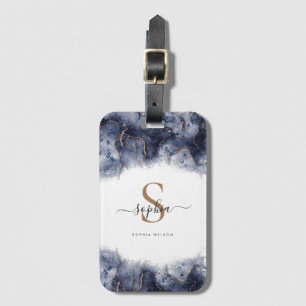 Etiqueta De Bagagem Script de Monograma de Geodo de Agate Dourado Azul