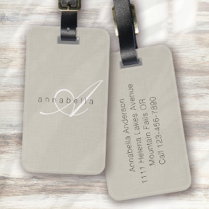 Etiqueta De Bagagem Script de Monograma de Linen Beige Minimalista