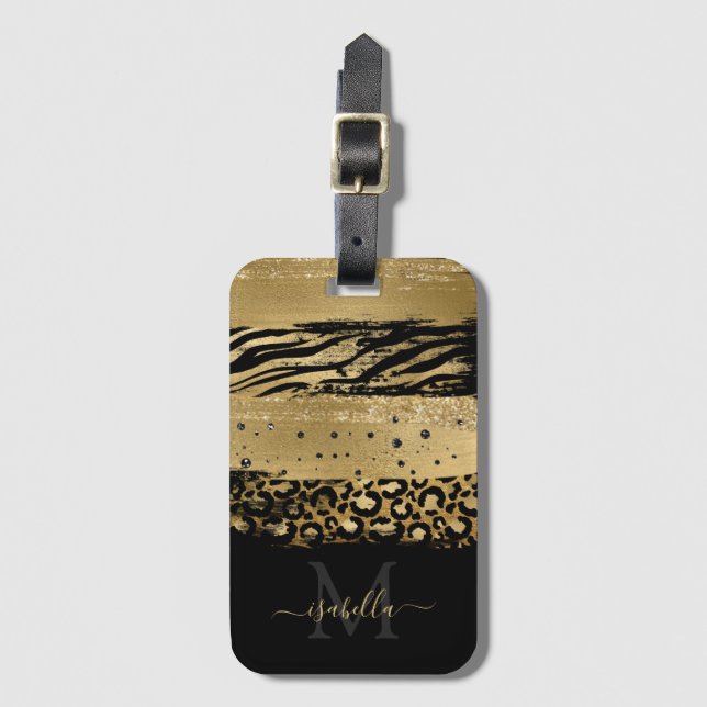 Etiqueta De Bagagem Script Dourado moderno de brilho monograma (Frente Vertical)