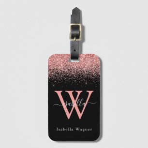 Etiqueta De Bagagem Script Elegante Glitter Preto Rosa