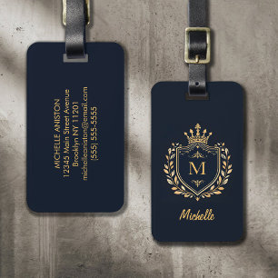 Etiqueta De Bagagem Script elegante Monograma Dourado de luxo personal