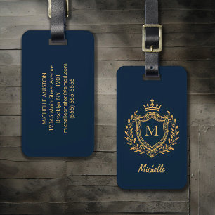 Etiqueta De Bagagem Script Elegante Monograma marinho azul personaliza