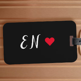 Etiqueta De Bagagem Script manuscrito de coração vermelho preto monogr