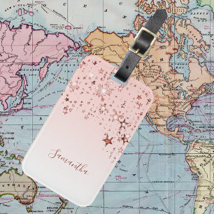 Etiqueta De Bagagem script monograma das estrelas cor-de-rosa com rosa
