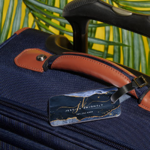 Etiqueta De Bagagem Script Monograma Dourado Glitter Geode Agate Azul