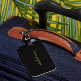 Etiqueta De Bagagem Script Preto e Dourado | Monograma Moderno Elegant
