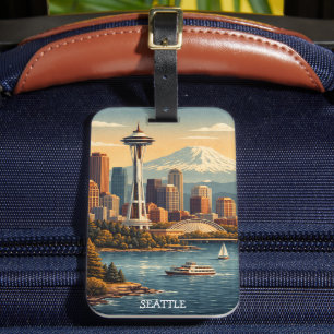 Etiqueta De Bagagem Seattle, Washington Paisagem Aérea de Viagem Vinta