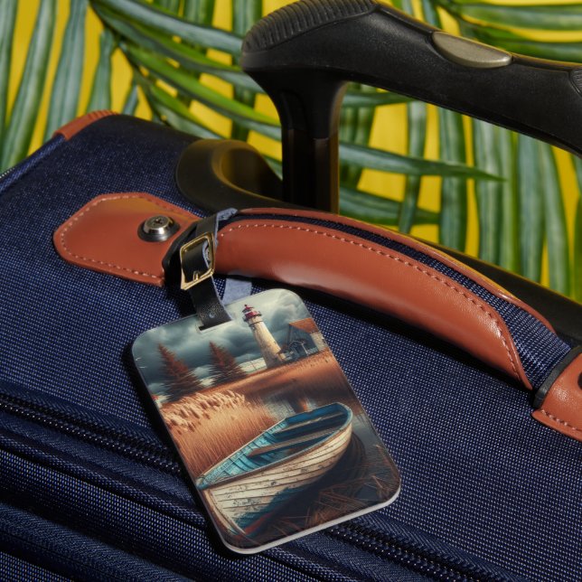 Etiqueta De Bagagem Serenidade Costeira: Farol e Rowboat (Frente Insitu 1)