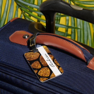 Etiqueta De Bagagem Seu Nome - Animal Print Giraffe, Glitter - Dourado