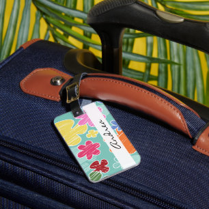 Etiqueta De Bagagem Seu nome - flores tropicais - azul verde