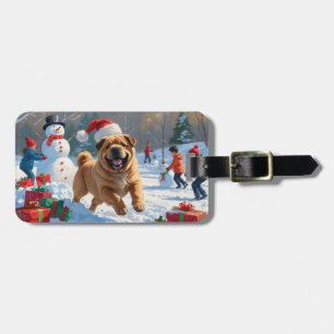 Etiqueta De Bagagem Shar Pei Correndo na Neve com Chapéu de Natal