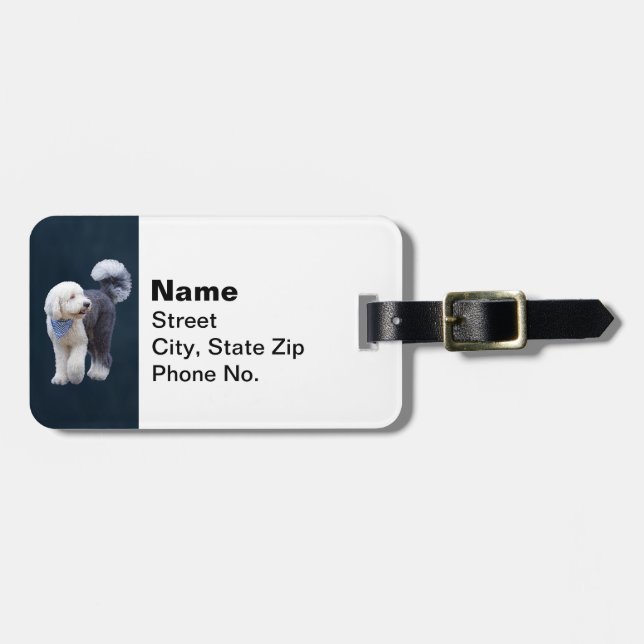 Etiqueta De Bagagem Sheepadoodle Com Cachecol Xadrez Azul (Frente Horizontal)
