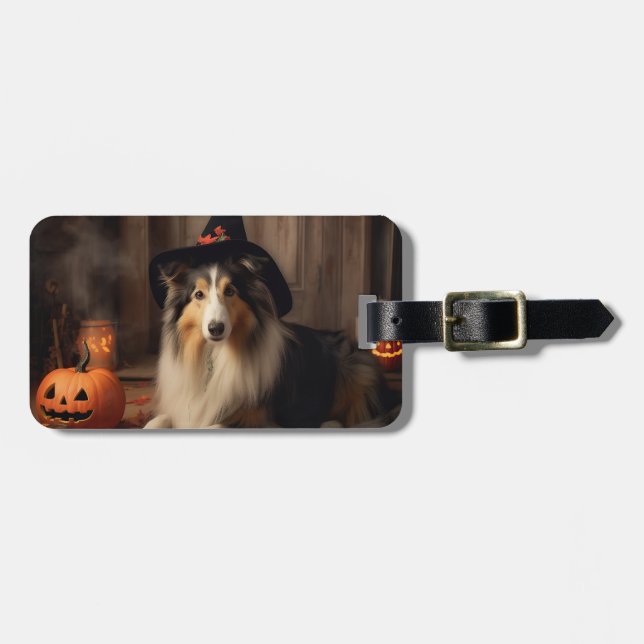 Etiqueta De Bagagem Shetland Sheepdog Pumpkins Halloween Assustado (Frente Horizontal)