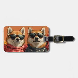 Etiqueta De Bagagem Shiba Inu  com Rosas do Coração Dia dos Namorados 