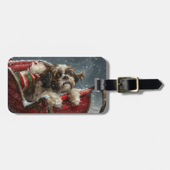 Etiqueta De Bagagem Shih Tzu Dog Natal Festivo (Frente Horizontal)