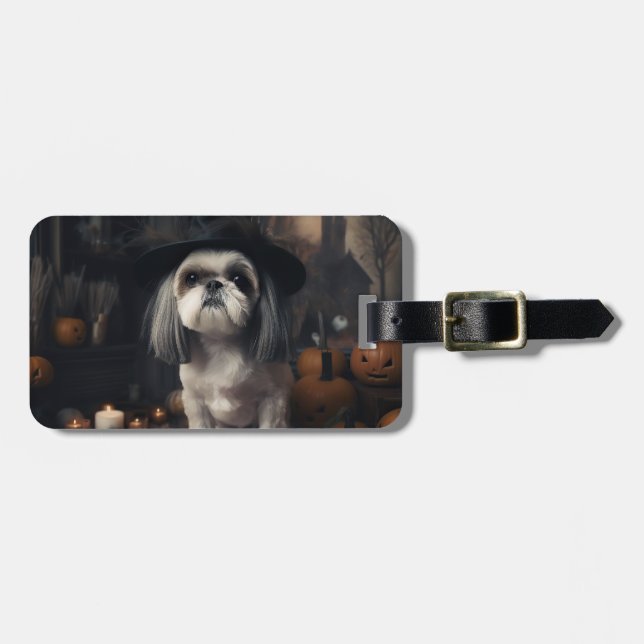 Etiqueta De Bagagem Shih Tzu Pumpkins Halloween Scary (Frente Horizontal)
