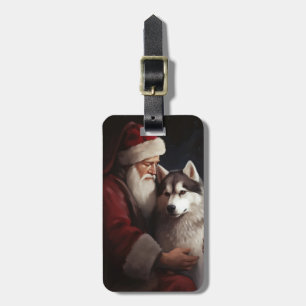 Etiqueta De Bagagem Siberian Husky com Papai Noel Natal Festivo