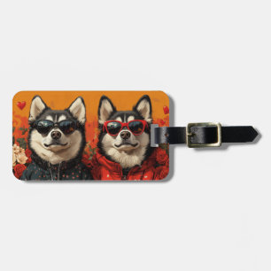 Etiqueta De Bagagem Siberian Husky com Rosas do Coração Dia dos Namora