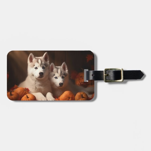 Etiqueta De Bagagem Siberian Husky Puppy Autumn Delight Pumpkin (Frente Horizontal)