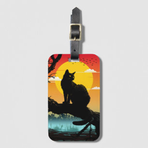 Etiqueta De Bagagem Silhueta do Gato e da Árvore ao Pôr do Sol