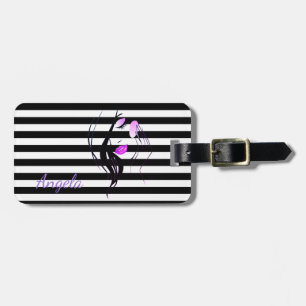 Etiqueta De Bagagem Silhueta Menina, Preta, Stripes Brancas Personaliz