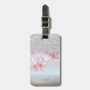 Etiqueta De Bagagem Silver Glitter Bokeh Ombre,Plumeria -Personalizado