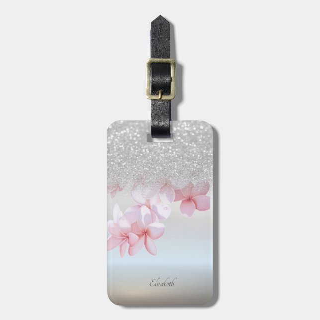 Etiqueta De Bagagem Silver Glitter Bokeh Ombre,Plumeria -Personalizado (Frente Vertical)
