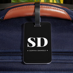 Etiqueta De Bagagem Simples 2 Monogramas Retro Preto Inicial