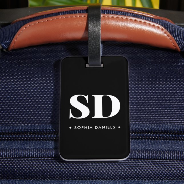 Etiqueta De Bagagem Simples 2 Monogramas Retro Preto Inicial (Verso Insitu 4)