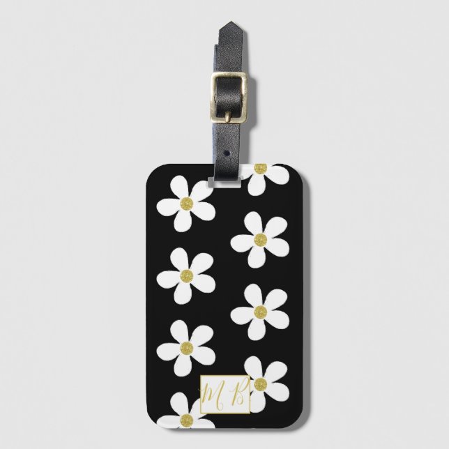 Etiqueta De Bagagem Simples Black White Daisy Dourado Monograma Viagem (Frente Vertical)