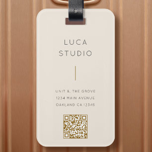 Etiqueta De Bagagem Simples e Limpo Código QR moderno Dourado e Creme