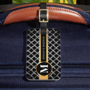 Etiqueta De Bagagem Simples Elegante Dourado, Monograma De Metal Bruto