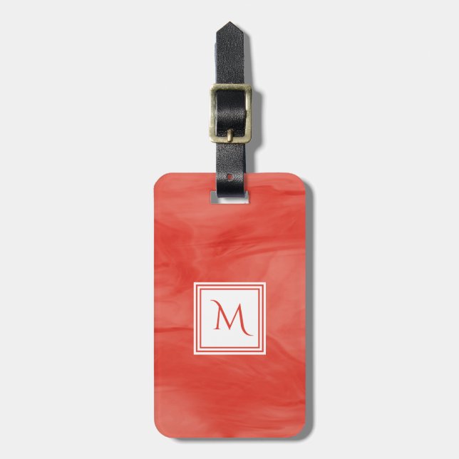 Etiqueta De Bagagem Simples Vermelho Laranja Sutil Marble Monograma Mo (Frente Vertical)