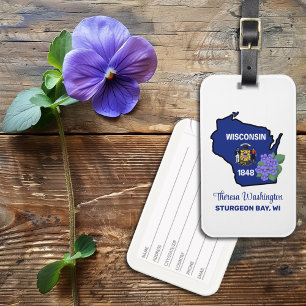 Etiqueta De Bagagem Sinalizador Wisconsin e Flor Azul Violeta Nome Per