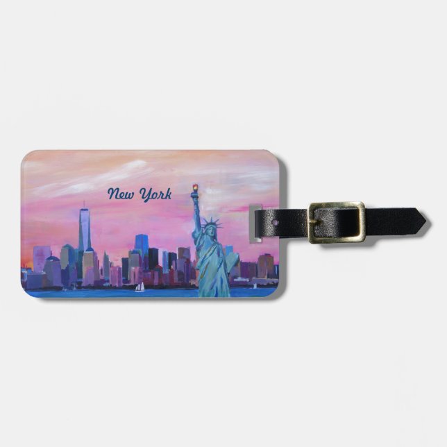 Etiqueta De Bagagem Skyline de Manhattan com estátua da liberdade (Frente Horizontal)