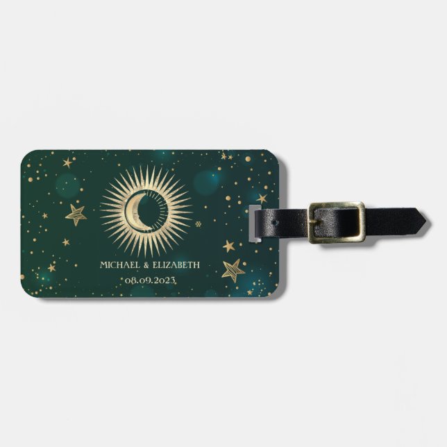 Etiqueta De Bagagem Sol Dourado Celestial E Lua São Verdes (Frente Horizontal)