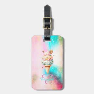 Etiqueta De Bagagem Sorvete de cor aquosa Cone Monograma