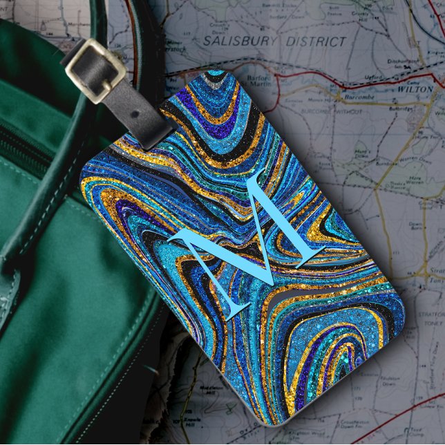 Etiqueta De Bagagem Sparkle Glam Glitter Marble Art azul (Criador carregado)