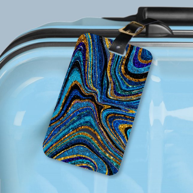 Etiqueta De Bagagem Sparkle Glam Glitter Marble Art azul (Criador carregado)