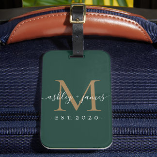Etiqueta De Bagagem Sr. Dourado Monograma Nomes Verdes Escuros
