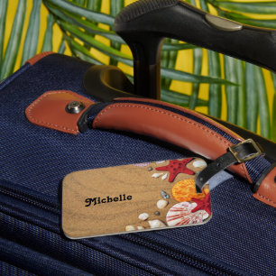 Etiqueta De Bagagem Starfish e conchas na areia castanha