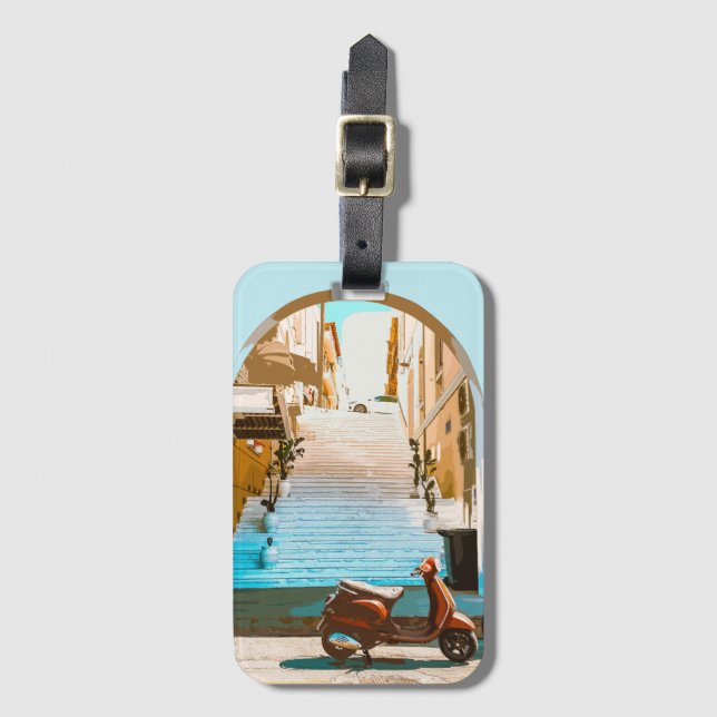 Etiqueta De Bagagem Stylized Teal Mediterranean Coastal Town Archway (Frente Vertical)