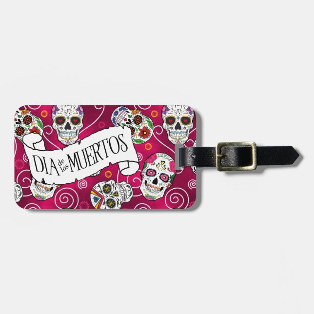 Etiqueta De Bagagem Sugar Skulls and Swirls Rosa Red ID725 (Frente Horizontal)