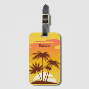 Etiqueta De Bagagem Sunset da Ilha Tropical de Texto Personalizado